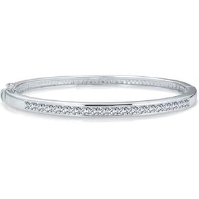 Classic Fashion Bridal Pave AAA Cubic Zirconia Princess Cut CZ Eternity Tennis Stackable Bangle Bracelet For Women, Prom, Wedding Silver Plated 7-7.5 Inch