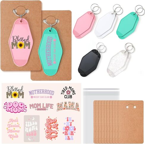 مجموعة 40 قطعة من سلاسل مفاتيح الفندق، 10 سلاسل مفاتيح فارغة، ملصق للأشعة فوق البنفسجية وبطاقات عرض سلسلة المفاتيح وحقائب سلسلة المفاتيح متضمنة، 5 ألوان مضحكة لصنع سلسلة مفاتيح فندقية عتيقة لسلسلة مفاتيح من الفينيل DIY هدية سلسلة مفاتيح in Kuwait