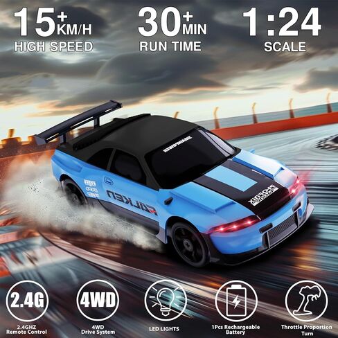 RC الانجراف سيارة 1:24 سيارة التحكم عن بعد 4WD 15KM / H عالية السرعة سباق السيارات الرياضية مع أضواء LED RC سيارات لعبة سيارات للأطفال بنين بنات الكبار هدايا عيد الميلاد عيد الميلاد بطاريات قابلة للشحن in Saudi Arabia
