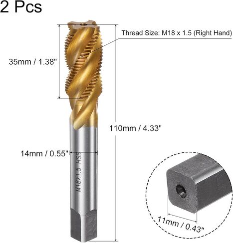 uxcell 2pcs Spiral Flute Thread Taps, Metric M14 x 1.5 H2 Screw Threading Tap, Titanium Coated M2 High Speed Steel Machine Tapping Tools for Machinist Repair in Saudi Arabia