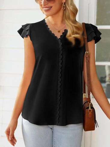 FAIRY SEASON Womens V Neck Summer Tops Ruffled Short Sleeve Blouses Lace Business Casual Flowy Tunics Dressy in Kuwait