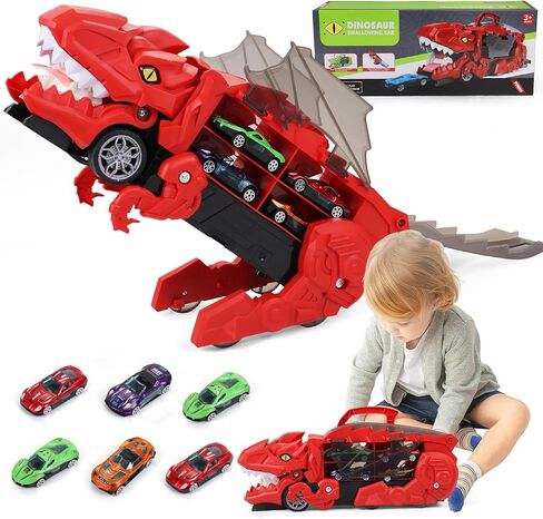 حاملة شاحنة نقل سيارات الديناصورات، مجموعة مسارات السيارات، شاحنة نقل الديناصورات، لعبة شاحنات الوحش للأطفال الصغار، تتحول إلى دينو، ألعاب الديناصورات للأطفال من سن 3 إلى 5 سنوات، ألعاب هدايا عيد الميلاد (أخضر) in Kuwait