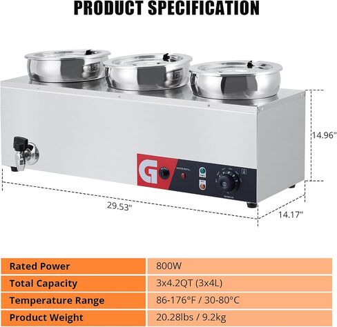 GarveeTech Commercial Soup Warmer 2X7.4QT - Stainless Steel Buffet Bain Marie, 86-185℉ Adjustable Temp, Anti-Dry Burn, Reset Button, 1200W Electric Food Warmer for Restaurant in Saudi Arabia