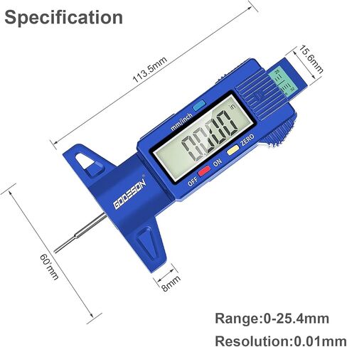 مقياس عمق مداس الإطارات GODESON، مقياس عمق مداس الإطارات الرقمي بالبوصة/مم مع شاشة LCD كبيرة وأداة قياس عمق مداس الإطارات للسيارات والشاحنات والدراجات النارية (أزرق) in Kuwait