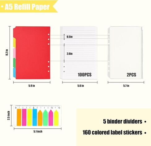 HIBOX 100 قطعة من ورق إعادة التعبئة A5، 200 صفحة مبطنة 6 فتحات ورق أوراق فضفاضة 160 قطعة علامات تبويب مؤشرة مع مسطرة 2 قطعة جيوب PVC 5 قطع فواصل للمكتب المدرسي in Kuwait