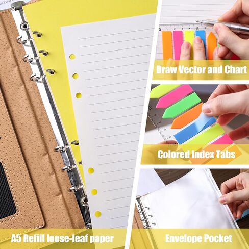 HIBOX 100 قطعة من ورق إعادة التعبئة A5، 200 صفحة مبطنة 6 فتحات ورق أوراق فضفاضة 160 قطعة علامات تبويب مؤشرة مع مسطرة 2 قطعة جيوب PVC 5 قطع فواصل للمكتب المدرسي in Kuwait