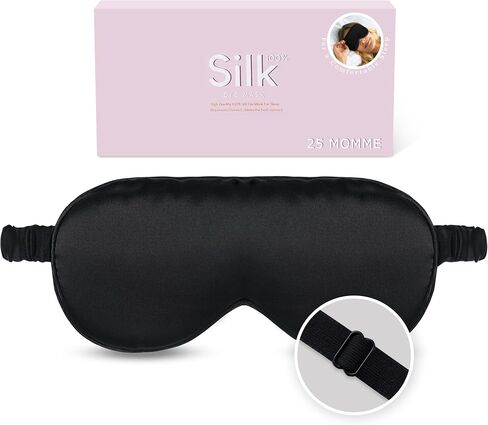 Organic Natural Silk Sleep Mask: 100% Mulberry Silk 25 Momme 6A Soft Pure Weighted Eye Mask for Sleeping with Adjustable Strap Zero Pressure Blindfold Nap Travel Essentials Gift (Black, 25 Momme) in Saudi Arabia