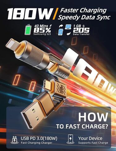 4 in 1 USB C Cable Lightning Cable, [SHEZI Style] 100W 5ft USB to USB C Fast Charging & Data Sync, Soft Silicone Anti-Tangle Cord Combo Type C/USB A/L Ports for iPhone iPad Samsung in Kuwait