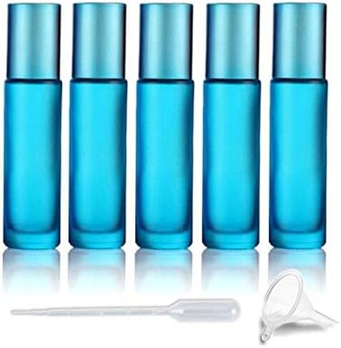 5 Pack 10ml Colorful Frosted Glass Roll On Bottles,Empty Essential Oil Glass Roller Bottle With Stainless Steel Roller Balls Travel Roll-On Vial with Aluminum Lids-Funnel&Pipette Include (Cyan) in Kuwait