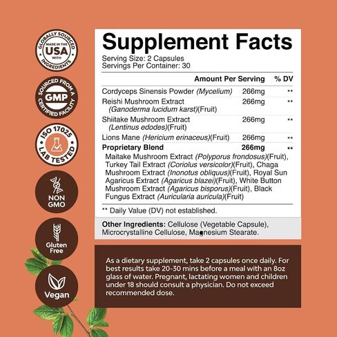 Extra Strength Mushroom Complex Capsules - 10X Lions Mane Mushroom Supplement Capsules with Reishi Chaga Cordyceps & More - 1330mg Adaptogenic Mushroom Nootropics Brain Support Supplement (2 Months) in Kuwait