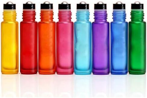 5 Pack 10ml Colorful Frosted Glass Roll On Bottles,Empty Essential Oil Glass Roller Bottle With Stainless Steel Roller Balls Travel Roll-On Vial with Aluminum Lids-Funnel&Pipette Include (Cyan) in Kuwait