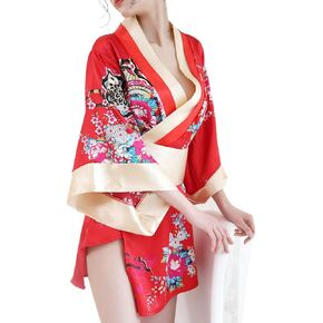 HongH Women's Sexy Kimono Lingerie Pink Blossom Pattern Mini Kimono Dress Nightgown Bathrobe Short Yukata with Obi Belt