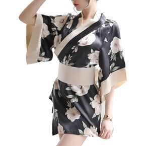 HongH Women's Sexy Kimono Lingerie Pink Blossom Pattern Mini Kimono Dress Nightgown Bathrobe Short Yukata with Obi Belt in Kuwait