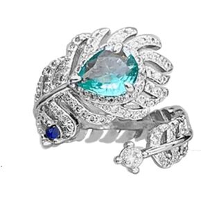 Elegant Peacock Feather Wrap Open Ring for Women Girls CZ Crystal Emerald Diamond Eternity Statement Ring Engagement Promise Rings Expandable Finger Band Luxury Jewelry Gifts for Mother's Day
