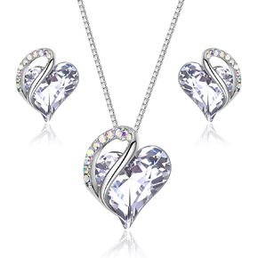 Fansilver Birthstone Jewelry Set for Women Love Heart Pendant Necklace Silver Stud Earrings Crystal Necklace Earrings Set Mother's Day Anniversary Birthday Gifts for Wife Mom Girlfriend
