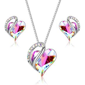 Fansilver Birthstone Jewelry Set for Women Love Heart Pendant Necklace Silver Stud Earrings Crystal Necklace Earrings Set Mother's Day Anniversary Birthday Gifts for Wife Mom Girlfriend