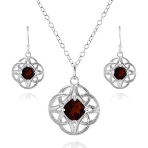 Ice Gems Sterling Silver Gemstone Cushion-Cut Celtic Knot Pendant Necklace and Dangle Earrings Set