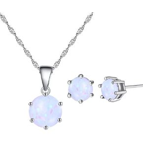 AILUOR Opal Jewelry Set, Sterling Silver Created Simulated Gemstone Round Halo Solitaire Pendant Necklace and Stud Earrings Set