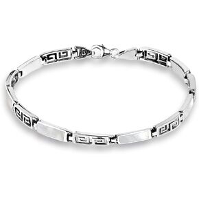 AeraVida Greek Key Labyrinth Mother of Pearl Inlay .925 Sterling Silver Link Bracelet | Mother of Pearl Bracelet | Greek Key Bracelet | Link Bracelet | Bracelet for Women