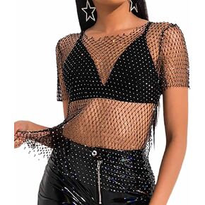 بلوزة ديلادولا سباركلي مرصعة بأحجار الراين شبكية قصيرة كريستالية سوداء شبكية شفافة شفافة من خلال الملهى الليلي للنساء... in Kuwait