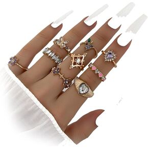 9 Pcs Bohemia Gold Rings Set for Women Butterfly Crystal Stackable Rings Floral Heart Purple Rhinestone Knuckle Rings