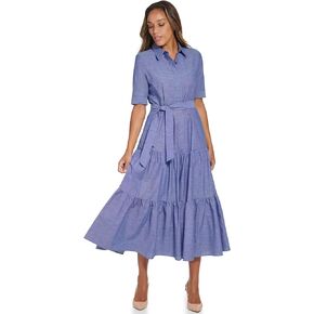 Calvin Klein Women's Cotton Chambray Shirt Dress with Tie Belt, Dark Denim