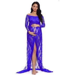 ZIUMUDY Off Shoulder Long Sleeve Lace Maternity Gown Split Front Maxi Photography Dress