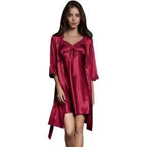 SUNBABY Women Sexy Silk Satin Robe Camisole Pajama Dress 2 Piece suit Sleepwear (L, Burgundy)