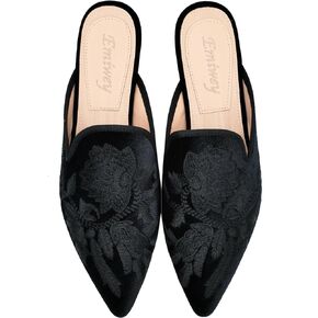 Women's Backless Comfort Slip On Casual Flats Embroidery Mule Slippers Shoes