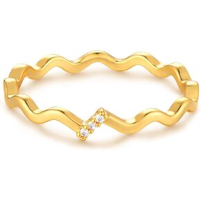 Gold Wave Ring for Women Cubic Zirconia 14K Gold Plated Minimalist Stack Thin Band Finger Jewelry Size 6-8