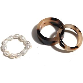 COLORFUL BLING 3Pcs/Set Fashion Acrylic Aottled Tortoise Leopard Textured Stacking Rings Vintage Resin Pearls Knuckle Rings for Women Girls Punk Cool Jewelry