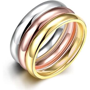 Women's 3mm Plain Band Stackable Ring Tri-Colors Stainless Steel Stack Band Rings Set