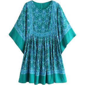 R.Vivimos Women's Summer Cotton Half Sleeve Casual Loose Bohemian Floral Tunic Dresses