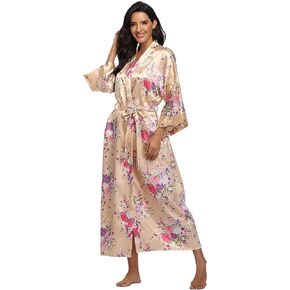 Women's Long Satin Robe Floral Kimono Dressing Gown Lightweight Sleepwear Bridal Party Bridesmaids Robes