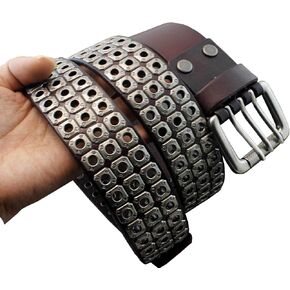 حزام خصر من الجلد الطبيعي مزين بثلاث فتحات للرجال مع ابزيم دوار، بني، مقاس واحد in Kuwait