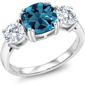 Gem Stone King 925 Sterling Silver London Blue Topaz and White Moissanite 3 Stone Engagement Ring For Women (3.74 Cttw, Gemstone November Birthstone, Cushion 8MM, Available in Size 5,6,7,8,9)