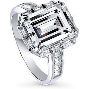 BERRICLE Sterling Silver Halo Wedding Engagement Rings Step Emerald Cut Cubic Zirconia CZ Art Deco Ring for Women, Rhodium Plated Size 4-10