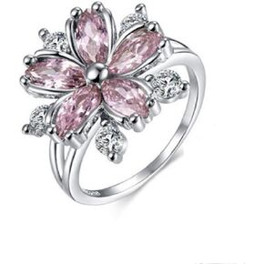 Awmnjtmgpw 925 Sterling Silver Romantic Flower Zircon Ring Fashion Pink Diamond Set Cherry Blossom Ring Women's Fashion Wedding Engagement Ring Size 6-10 (Size 6)