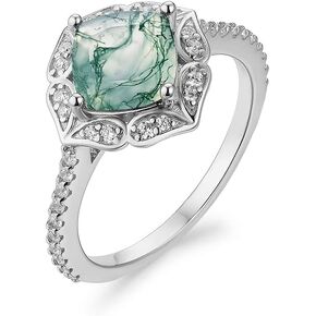 ITI KUOLOLIT Natural Moss Agate Gemstone Rings for Women Solid 925 Sterling Silver Rings for Women Trendy Cusion Engagement Wedding Ring Gift
