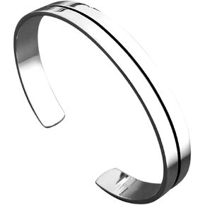 VN Jewelry Classic Men's Silver bangle Bracelet - Solid 925 Sterling Silver Bangle for Men - Flat Torque Style Black Line Silver Bangle