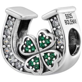 Lucky Crystal Horseshoe Four Leaf Clover 925 Sterling Silver Charm Bead For Pandora & Similar Charm Bracelets