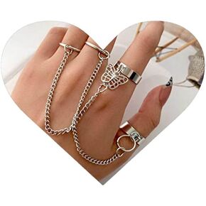 Allereyae Vintage Butterfly Knuckle Rings Adjustable Chain Finger Rings Silver Stackable Finger Rings Multiple Finger Open Knuckle Rings Jewelry for Women and Girls