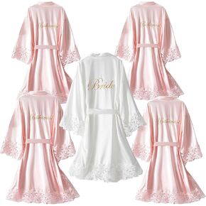 5 Pcs Bride Robe with Lace Trim Embroidery Bridesmaid Kimono Robes Silky Satin Bathrobe Wedding Party Sleepwear