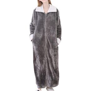 Homgro Women's Long Housecoat Fuzzy Bath Robe Fleece Oversized Zipper Thick House Coat Warm Winter