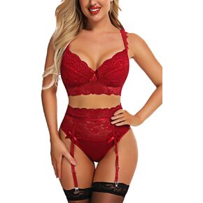 Aranmei Womens Sexy lingerie Set with Garter Belt Lace Bra and Panty Sets 3 Piece Lingerie for Valentine's Day