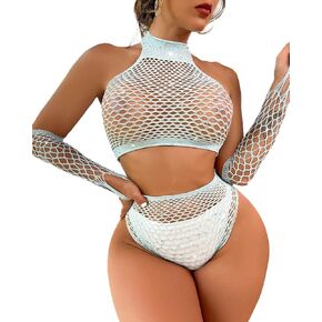 HiSexy Sexy Mesh Lingerie Set for Women Sparkle Rhinestone Exotic Fishnet Outfit 3 Pieces Crop Top Panty Gloves