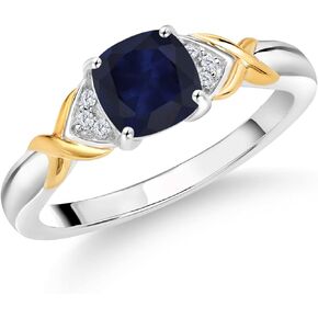 Gem Stone King 925 Sterling Silver and 10K Yellow Gold 2 Tone Blue Sapphire and White Lab Grown Diamond Engagement Ring For Women (1.33 Cttw, Cushion 6MM, Available In Size 5, 6, 7, 8, 9)