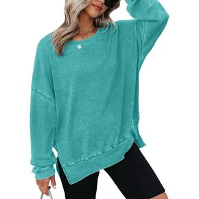 Wrenpies Oversized Waffle Knit Sweatshirt for Women Split Hem Sweater Long Sleeve Crewneck Shirts Casual Loose Pullover Tops