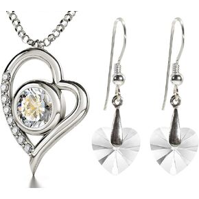 NanoStyle 925 Sterling Silver I Love You Heart Necklace and Crystal Dangle Earrings Jewelry Set for Women Crystal Love Pendant is Pure Gold Inscribed in 12 Languages in Miniature Text, 18" Rolo Chain