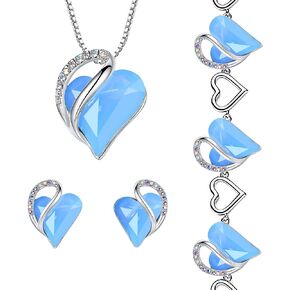Leafael Infinity Love Heart Necklace, Stud Earrings, and Bracelet for Women, Healing Stone for Communication Crystal Jewelry, Silver Tone Gifts for Women, Owyhee Opal Blue